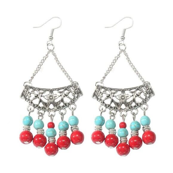 Ethnic Style Water Droplets Red Bead Hollow Alloy Turquoise Tassel Earrings Retr - Picture 6 of 10